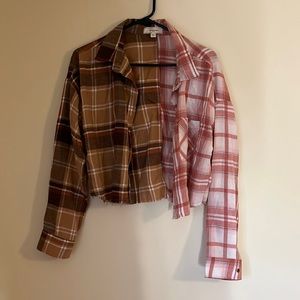 Cropped Flannel, split in half with two different patterns.
